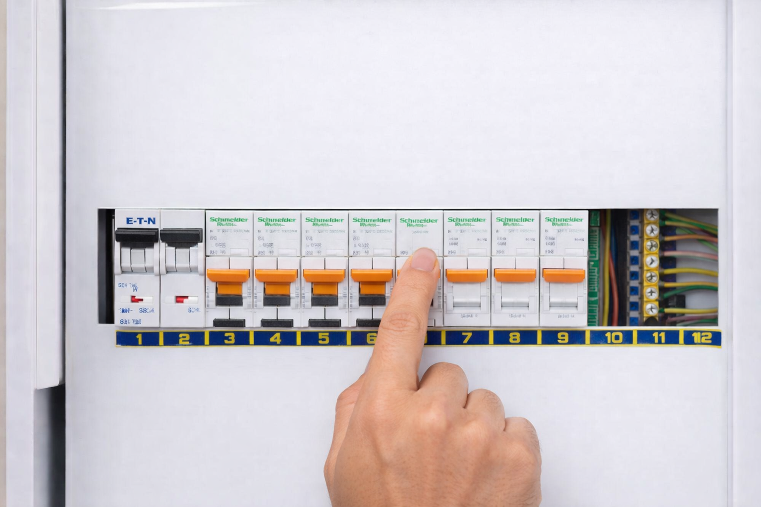 Elektrik panosunda bir kişinin parmağıyla otomatik sigortayı açması – sigorta atması sonrası sigortayı kaldırma işlemi